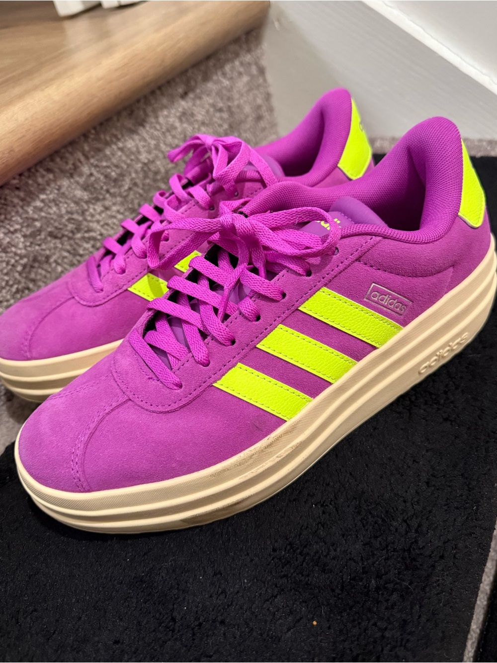 Adidas | VL Court Bold | Size 8 | Magenta Suede Sneakers with Neon Stripes